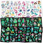 Aomig Temporary Tattoo for Kids, 10 Sheets Glow In The Dark Cartoon Mermaid Tattoo Stickers, Waterproof Luminous Fake Tattoo Stickers Set for Boys Girls Birthday Gift Party Bag Filler