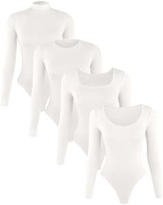 Liloak Women's 4 Pack Bodysuits Long Sleeve with Multi Necklines, Stretchy Basic Ribbed Body Suits Tops for Women Casual, White-turtle/Square/Scoop/Crew Neck, Large