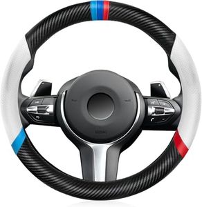 KEYOZA Leather Car Steering Wheel Cover, Anti-Slip, Safety, Soft, Breathable, Heavy Duty, Thick, Full Surround, Sports Style (Black-White)