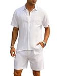 EISHOPEER Men Linen Sets Outfits Casual Short Sleeve Button Down Shirts Cotton Linen Beach Shorts Set White Large