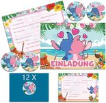 OVOparty 12 x Stitch Invitation Cards Children's Birthday Boy with Envelope German, Stitch Birthday Invitations Boys, Cartoon Invitation Cards Birthday Set for Themed Party (A6) (A)