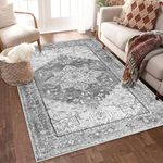 Yamaziot Washable Area Rug for Bedroom, 4x6 Non-Slip Boho Vintage Living Room Rug with Rubber Backing, Low Pile Faux Wool Soft Area Rug Floor Carpet for Living Room, Laundry, Kids Playroom (Grey)