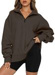 BLENCOT Women Half Zip Oversized Sweatshirts Long Sleeve Solid Color Drop Shoulder Fleece Workout Pullover Brown L