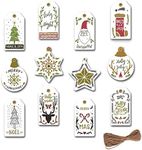 Cute Christmas Tags Set of 12 Designs with Natural Jute Twine Christmas Tree Decoration Holiday Decor Gifts Card Baking Birthday Wedding Paper Tags (B)