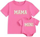 Mama and Mini Shirts Letter Print Short Sleeve Pullover Tops Mommy and Me Matching Outfits Baby Summer Clothes, Matching Rose, Medium