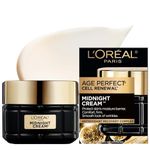 L'Oréal Paris Midnight Night Cream, Face Mositurizer with Vitamin E + Antioxidant Recovery Complex, Reduces look of Wrinkles, Firm & Comfort Skin, Age Perfect Cell Renewal, 50ml