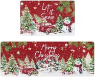 U'Artlines 2Pcs Christmas Anti Fatigue Kitchen Rugs and Mats, Christmas Tree Snowman Non Slip Foam Cushioned Farmhouse Kitchen Floor Mats Comfort Standing Mats for Winter Home Decor Red