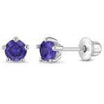 925 Sterling Silver Classic 4mm Simulated Amethyst Birthstone Prong Set Screw Back Stud Earrings for Little Girls - Earrings with Premium Screw Backs - Purple CZ Earrings for Girls Born in February