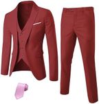 MY'S Men's Blazer Vest Pants Set, Solid Party Wedding Dress, One Button Jacket Waistcoat and Trousers, 3 Piece Slim Fit Suit with Tie Brick Red