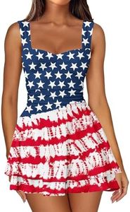 IWD Womens 4th of July Dresses Square Neck Sleeveless Mini Dress Ruched Corset Waist A Line Short Patriotic Dress American Flag Print XX-Small
