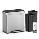 SONGMICS Kitchen Trash Can, 16 Gallons (2 x 8 Gallons) Dual Compartment Garbage Can, 60L Pedal Recycling Bin, Stay-Open Lid and Soft Closure, Stainless Steel, 15 Bags Included, Silver ULTB202E01