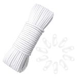 49ft/15M Nylon Flag Rope Flagpole Rope 6mm Thick White Flagpole Halyard Rope With 10 PCS Flag Pole Clips Durable Multifunctional Nylon Rope For Flag Sailing Rigging Hanging Clothes Garden Outdoor