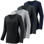 4-7 Pack Long Sleeve Shirts for Women,Moisture Wicking Shirts Long Sleeve Workout Tops for Women V Neck Hiking T-Shirts, 4 Pack Black,light Grey,dark Grey,navy Blue, Small