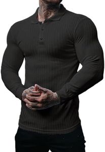 Muscle Cmdr Men's Cotton Muscle Shirts Slim Fit Business Casual Tee Long Sleeve Ribbed Polo V Neck Shirt Black/M