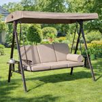 Invezo Luxury Outdoor Garden Swing 3 Seater Jhula with Cushion and Waterproof Roof (Jhula for Adults, Outdoor Swing for Kids) Cup Holder and Round Pillow, Khaki Color