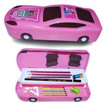 Printed Car Pencil Box for Kids – Fun and Practical School Accessory with Moving Wheels – Ideal for Boys and Girls – Pink Design with Ample Storage for Pencils, Pens, and Geometry