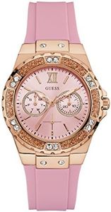 GUESS Women's Stainless Steel + Stain Resistant Silicone Watch, Pink/Rose Gold Tone/Pink, NS, LIMELIGHT