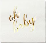 100 Pcs "Oh Baby" White Napkins - 3-Ply White and Gold Cocktail Napkins Baby Shower Party Supplies - Eco-friendly Party Napkins for Dessert Beverage & Table Decorations