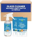 Truly Free Natural Glass Cleaner Spray- Removes Dirt & Debris for Sparkling Clean Windows & Glass Surfaces at Home, Office & Garage, Includes: 1 Refillable Empty Bottle (16oz) & 2 Refills (3oz ea)