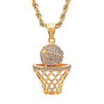 Steeltime Ion Plated Stainless Steel Basketball Hoop Pendant with Simulated Diamonds, 24" Chain, Gold Plated, simulated diamonds