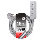 GE Pro 3-Outlet Power Strip with Surge Protection, 15 Ft Designer Braided Extension Cord, Grounded, Flat Plug, 250 Joules, Warranty, UL Listed, Heather Gray, 45915