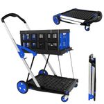 OSWIN Folding Trolley with Wheels, Double Layer Portable Trolley Shopping Carts, Foldable Rolling Crate Utility Cart with Collapsible Bin, Hand Truck and Office Outdoor Storage of Debris Easy to Brake