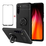 AKABEILA Xiaomi Redmi Note 8 2021Case Screen Protector, Compatible for Xiaomi Redmi Note 8 Phone Case Cover, Silicone Kickstand Ring Grip Holder for Xiaomi Redmi Note 8 Shockproof Tempered Glass,Black