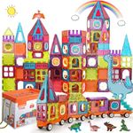 Magnetic Tiles Building Blocks with 4 Cars Magnet Train Set for Kids Construction STEM Toy Preschool Educational Creativity Learning Toys for Girls Boys Toddlers 3 4 5 6 7 8 Years Old