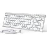 iClever GK03 Wireless Keyboard and Mouse Combo - 2.4G Portable Wireless Keyboard Mouse, Rechargeable Battery Ergonomic Design Full Size Slim Thin Stable Connection Adjustable DPI, Silver and White