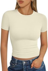 Trendy Queen Womens Basic T Shirts Scoop Neck Short Sleeve Crop Tops Slim Fit Summer Tees Y2k Clothing 2025 Apricot XS