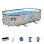 Bestway Power Steel Swim Vista Pool Set II, Family Swimming Pool with Windows, Grey Brick Print Garden Swimming Pool with Filter Pump, Ladder, Pool Cover and ChemConnect Dispenser, 14ft, Grey