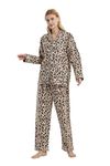 GLOBAL Women's Pyjama Sets 100% Cotton Flannel Ladies PJs Button Front Top Drawstring Bottoms Brown Leopard Print,M