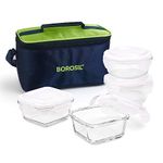 Borosil Alfa Glass Lunch Box Green, Set of 4 (2pcs 320 ml Square + 2pcs 240 ml Round) - Uni, Microwave Safe Office Tiffin