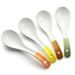 Chinese Soup Spoons, 6.2 Inch Ceramic Ramen Spoons, Japanese Retro Style Soup Spoons Creative Porcelain Asian Soup Spoons for Ramen Pho Cereal, Wonton Dumpling Miso, Set of 4（Colour）