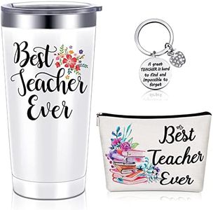 Teacher Gifts for Women, Best Teacher Ever Tumbler 20 oz Stainless Steel Teacher Mug with Lid Teacher Keychain Makeup Bag Personalized Teacher Appreciation Gifts for School Teacher (Flower Style)