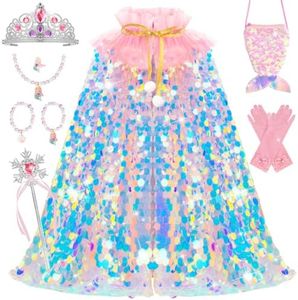 Meland Princess Dress Up for Girls 3-8, 11Pcs Mermaid Cape with Crown, Dress Up Clothes Birthday Gift Toys for Girls Toddlers