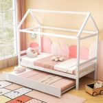 KOMFOTT Twin House Bed with Trundle, Solid Wood Playhouse Platform Bed Frame, Kids Daybed with Roof for Girls & Boys, No Box Spring Needed, Noise-Free Design, Easy Assembly, White