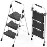 KINGRACK 3-Step Folding Ladder, 900 lbs Load Capacity, Non-Skid Large Pedals, Handrail, Safety Lock, Multi-Purpose Step Stool for Home, Office, Garden, White