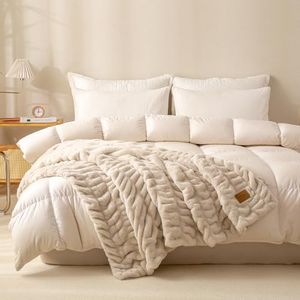 YUSOKI 1000GSM Bubble Faux Rabbit Fur Bed Blanket, Dusty Ivory, 80"x90" | Double-sided bubble faux rabbit fur, 4-Way Stretch, comes with premium gift box, stays fluffy after repeated washes