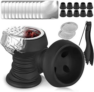 Hookah Accessories Set Shisha Tobacco Bowl Kit with 2 Black Clay Bowls, 50 Heavy Duty Aluminum Foils, 10 Rubber Grommet Seal, 1 Steel Charcoal Tong (Black Clay)