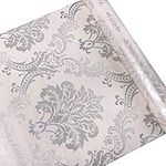 Lependor Damask Peel and Stick Wallpaper Easily Removable Printed Stick Wall Paper Decorative Self Adhesive Shelf Drawer Liner Roll - 17.71” Wide x 118” Long (17.71" X 9.8 ft, Silver Damask)