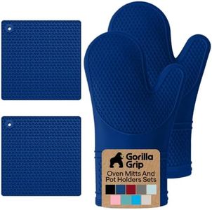 GORILLA GRIP BPA-Free Soft Silicone Oven Mitts and Pot Holders Sets of 4, Heat Resistant Waterproof Cooking Gloves, Thick Cotton Lining, Flexible Gripping for Baking Grilling, Kitchen Trivets, Blue