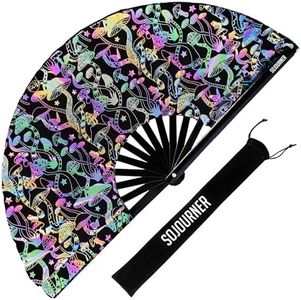 SoJourner Bags Reflective Mushroom Rave Fan - Large Folding Clack Fan for Men and Women - Rave Accessories for EDM, Line Dancing, Cosplay, Concerts and More