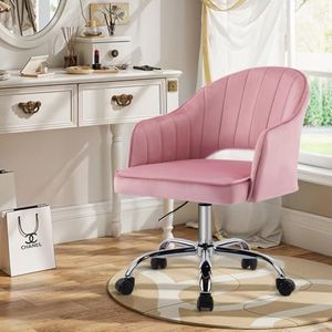 MOJAY Modern Vanity Chair with Wheels, Mid-Back Cutout Velvet Home Office Chair, Swivel Height-Adjustable Soft Seat Cute Desk Chair with Arm Support (Rose Pink)