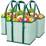 Reusable Grocery Bags (3 Pack) – Heavy Duty Reusable Shopping Bags with Box Shape to Stand Up and Stay Open – Large Tote Bags with Long Handles & Reinforced Bottom – Foldable Utility Bag – Green