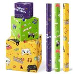 WERNNSAI Gaming Wrapping Paper Rolls - 3 Rolls 43 x 305cm Birthday Wrapping Paper Rolls Video Game Wrapping Paper Kids Boys Wrapping Paper Rolls Green Yellow Purple Gift Wrapping Paper with Cut Lines