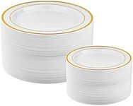 Prestee 50-Piece Plastic Plates Disposable Set - White with Gold Rimmed Plastic Plates for Parties, Holidays, Weddings - Includes 25 Dinner Plates and 25 Small Salad Plates - Ideal Thanksgiving Plates