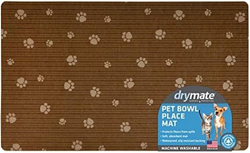 Drymate Pet Bowl Placemat, Dog & Cat Food Feeding Mat - Absorbent Fabric, Waterproof Backing, Slip-Resistant - Machine Washable/Durable (USA Made) (12” x 20”) (Brown Stripe Tan Paw)