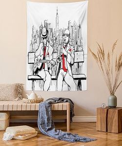 Jazz Music Decor Tapestry, Jazz Men Band Playing Beats In New York At Night Retro Style Illustration Print, Bedroom Living Room Dorm Decor, 40 W x 60 L Inches, Red Black Ecru