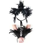 Niceyoeuk Women Natural Feather Cape with Wrist Cuffs Wristband Maleficent Costume Gothic Lacing Shawl Shrug Collar Feather Cape for Halloween Cosplay Christmas Party (Black 01)